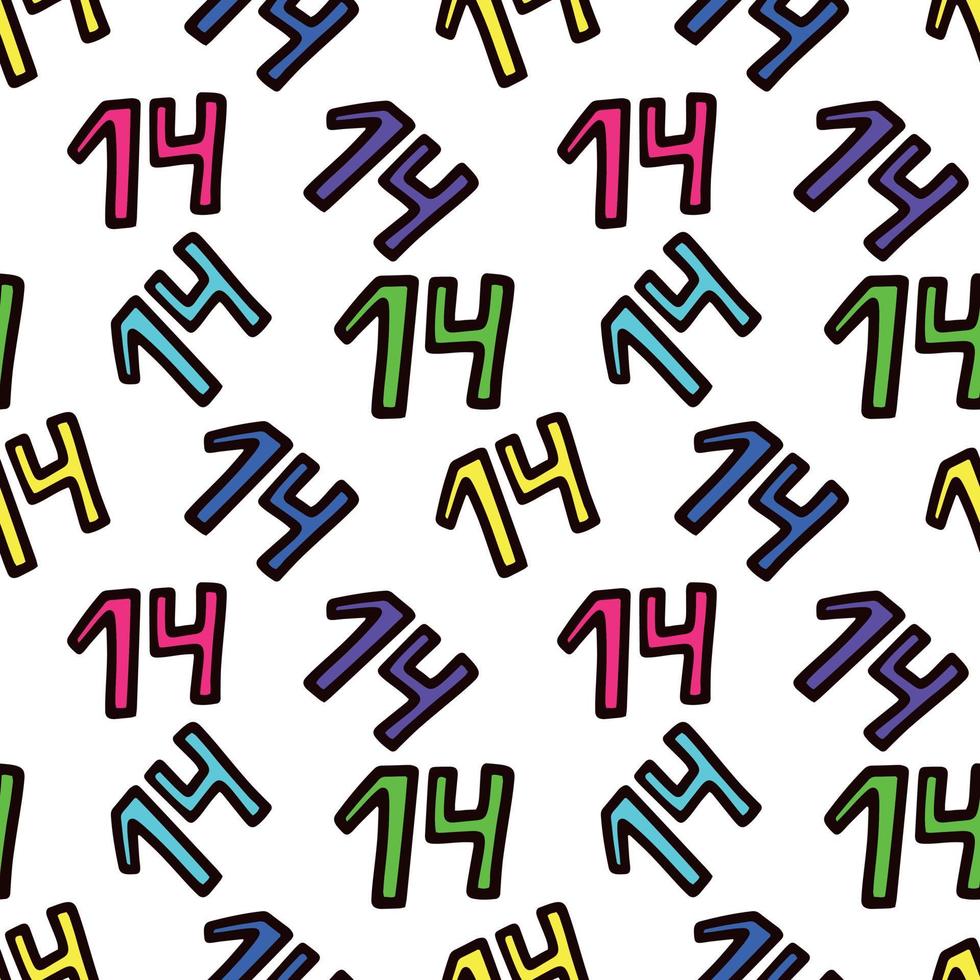 Seamless pattern with multicolored number 14 . Vector illustration