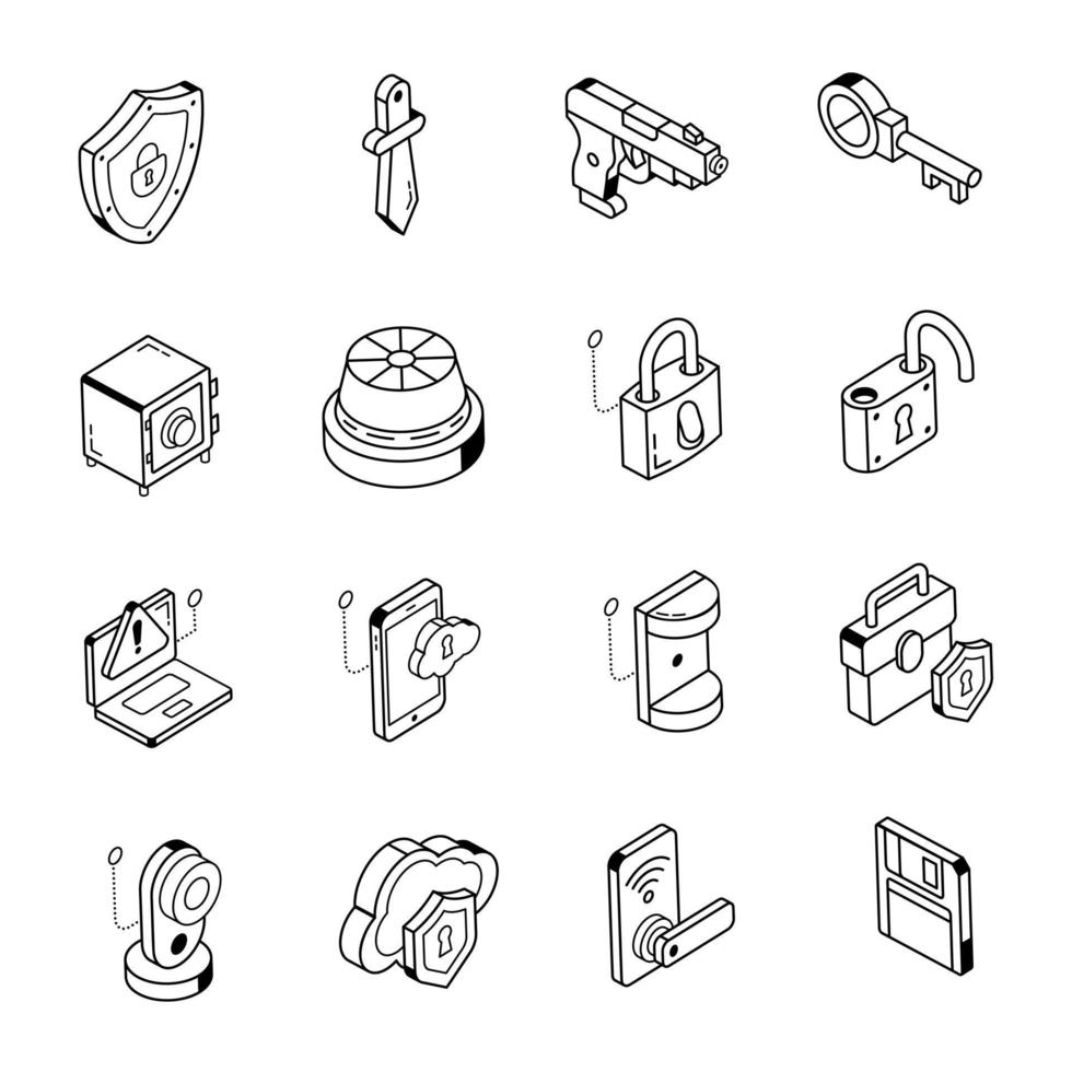 paquete de iconos isométricos de contorno de seguridad vector