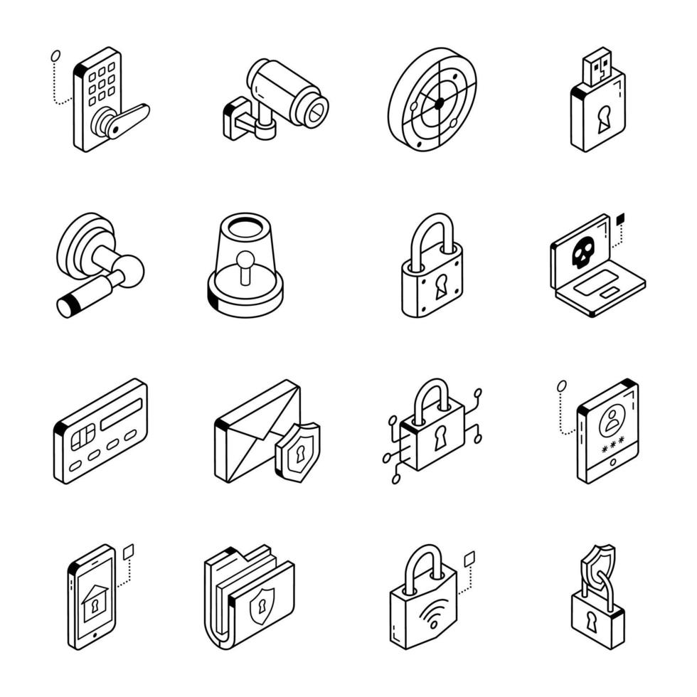 paquete de iconos isométricos de contorno de protección vector