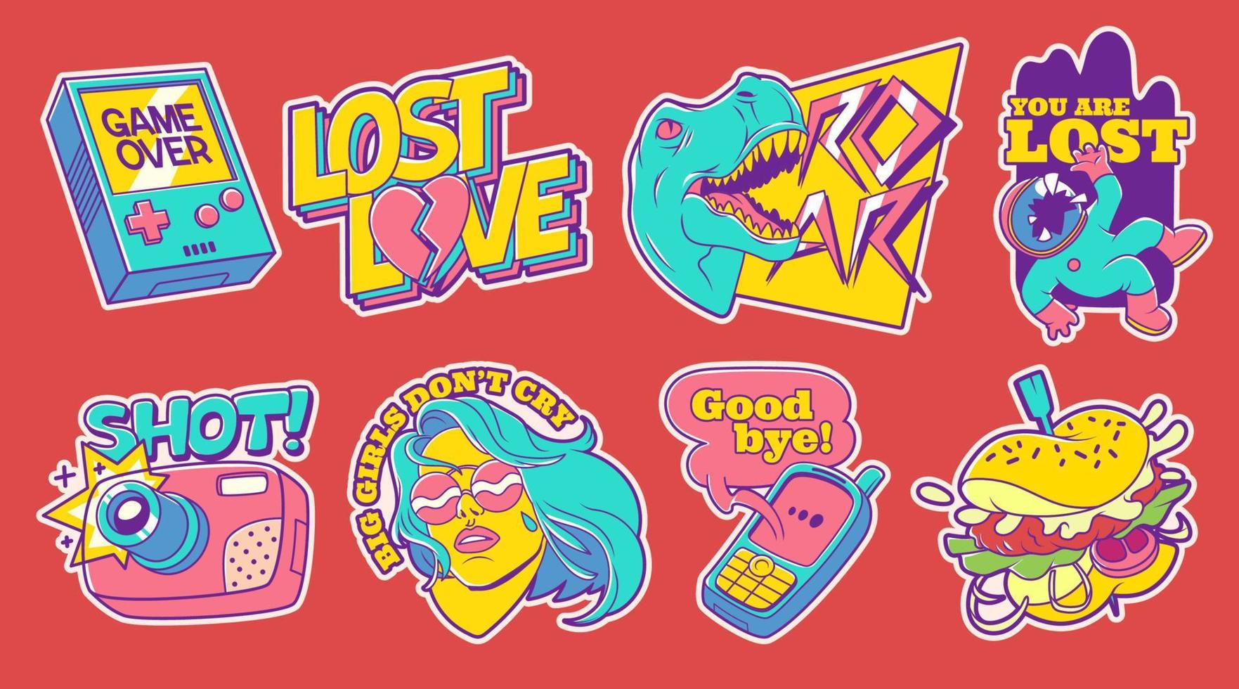 Trendy retro stickers, patch 90s design vector