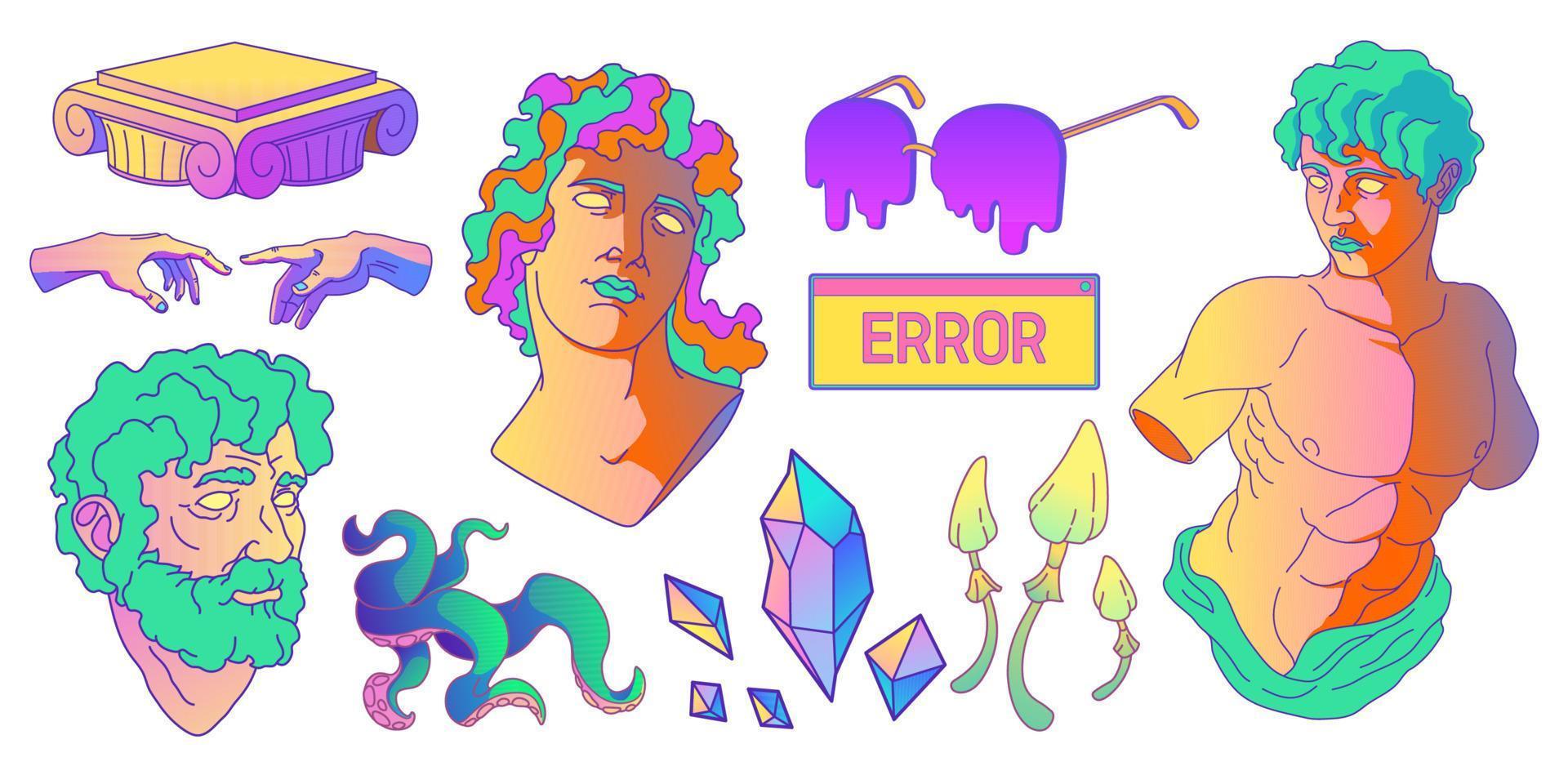 Psychedelic stickers with antique greek sculpture vector