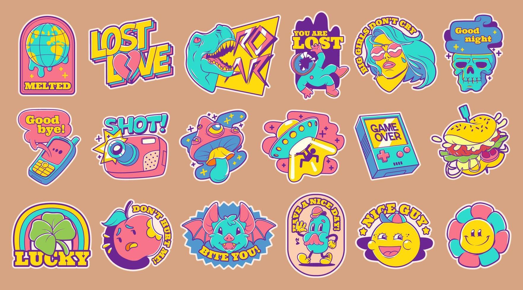 Trendy retro stickers with ufo, camera, mushroom vector