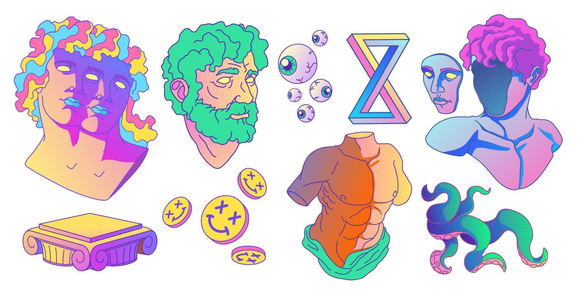 Psychedelic stickers with greek sculpture vector