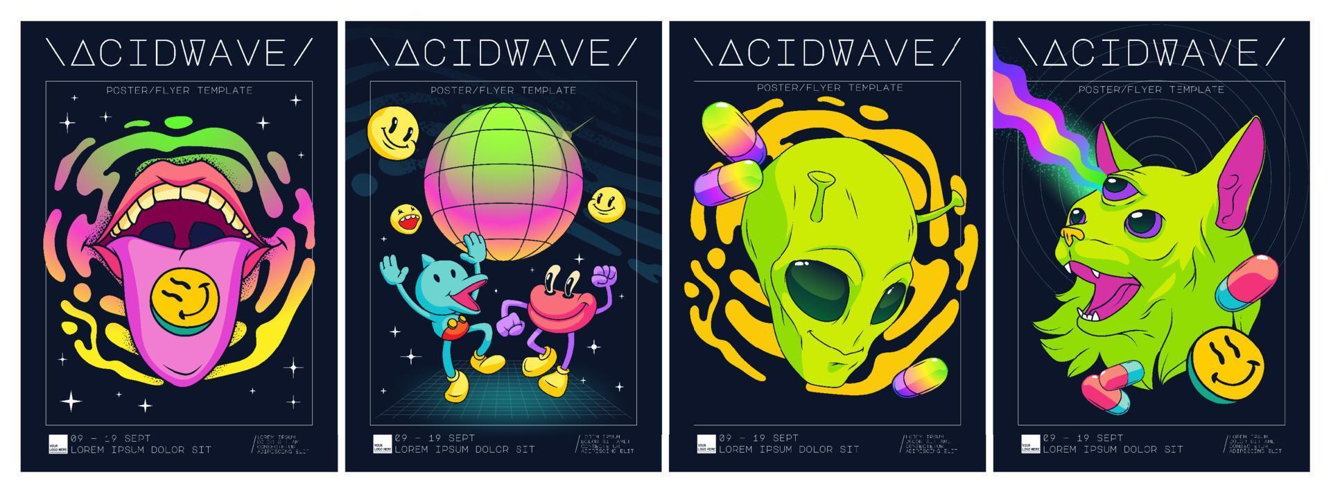 Psychedelic rave trip party banner template, set vector