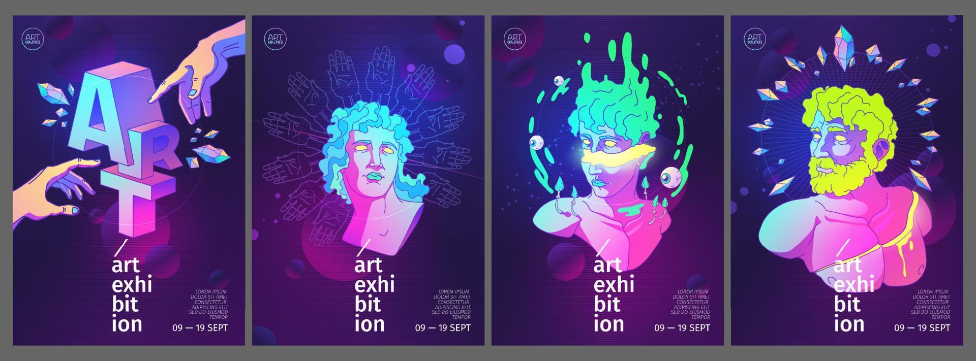 carteles de exposiciones de arte con diseño ácido retro vector