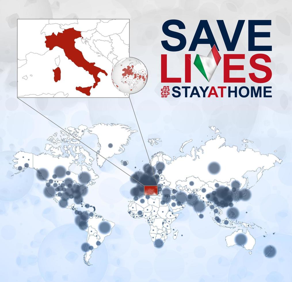mapa mundial con casos de coronavirus enfocados en italia, enfermedad covid-19 en italia. el eslogan salva vidas con la bandera de italia. vector