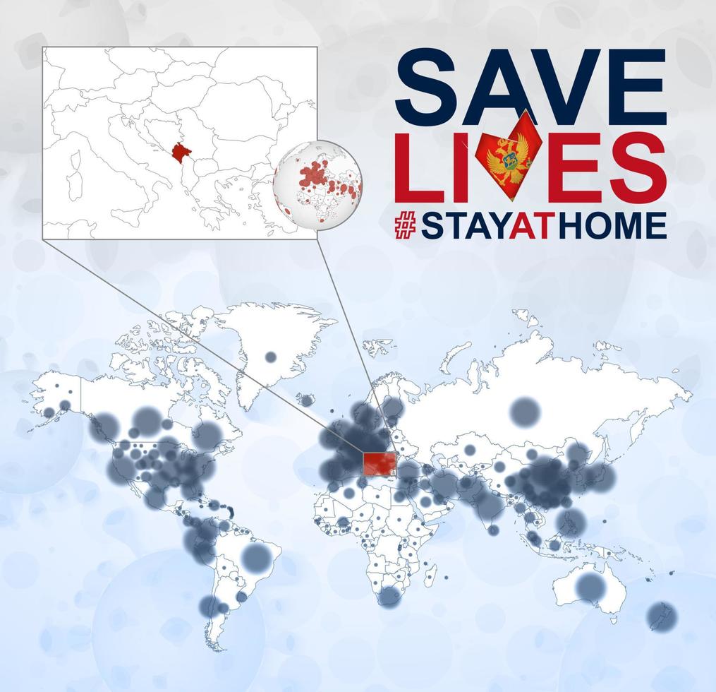 mapa mundial con casos de coronavirus enfocados en montenegro, enfermedad covid-19 en montenegro. el eslogan salva vidas con la bandera de montenegro. vector