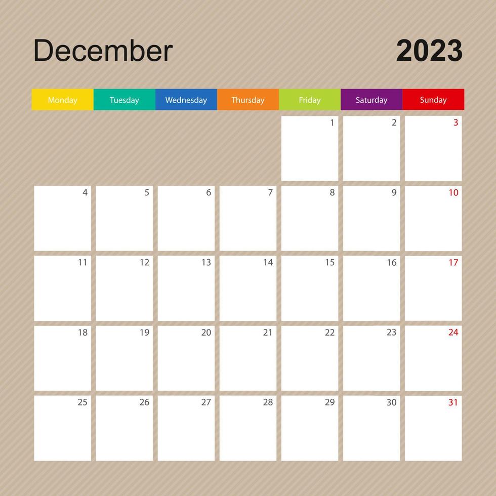 página de calendario para diciembre de 2023, planificador de paredes con diseño colorido. la semana comienza el lunes. vector