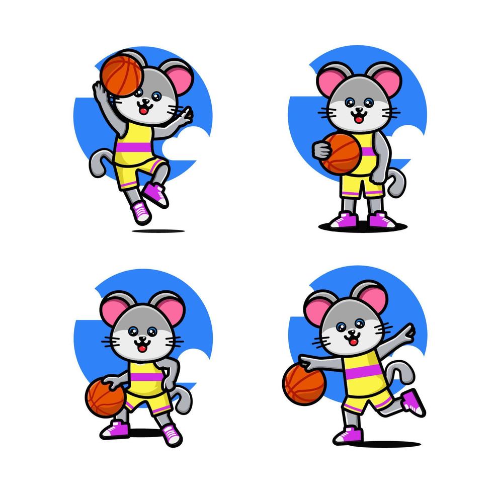 Set of happy cute mouse playing basketball vector
