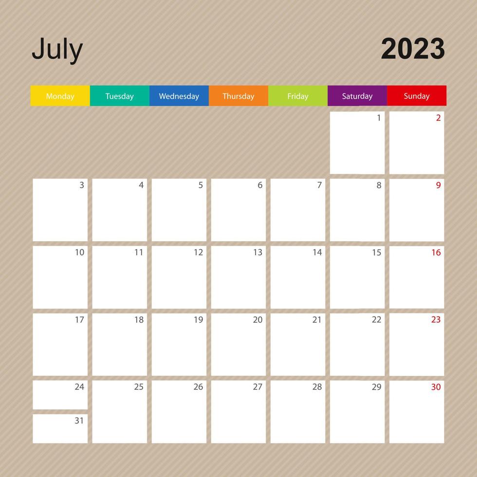 Calendar page for July 2023, wall planner with colorful design. Week starts on Monday. vector