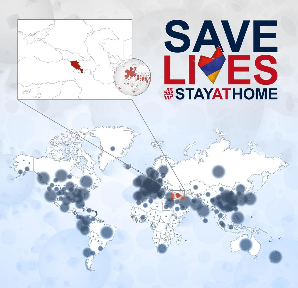mapa mundial con casos de coronavirus enfocados en armenia, enfermedad covid-19 en armenia. el eslogan salva vidas con la bandera de armenia. vector
