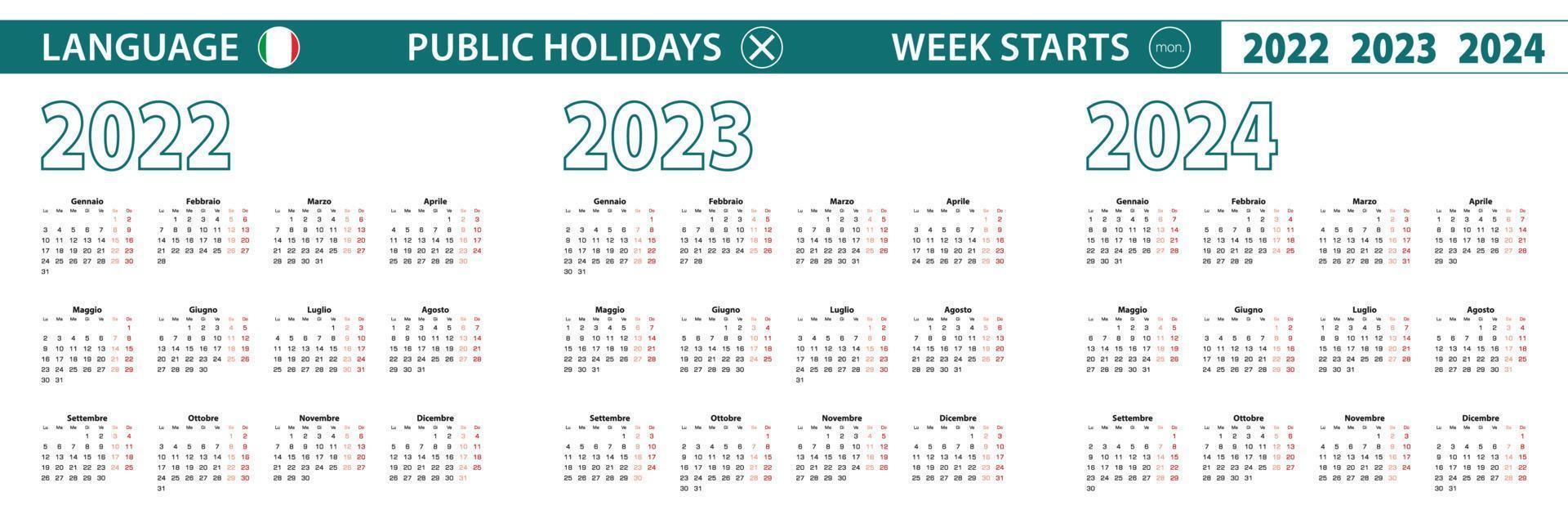 plantilla de calendario simple en italiano para 2022, 2023, 2024 años. la semana comienza a partir del lunes. vector