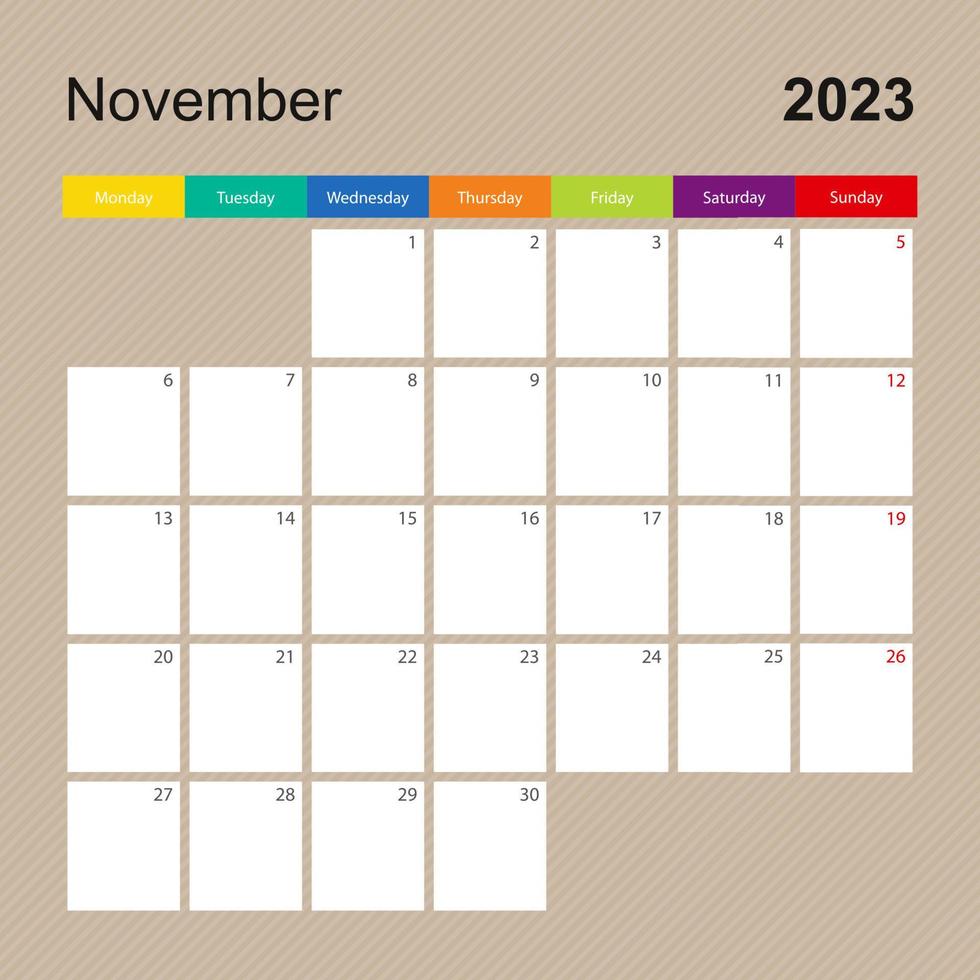 Calendar page for November 2023, wall planner with colorful design. Week starts on Monday. vector