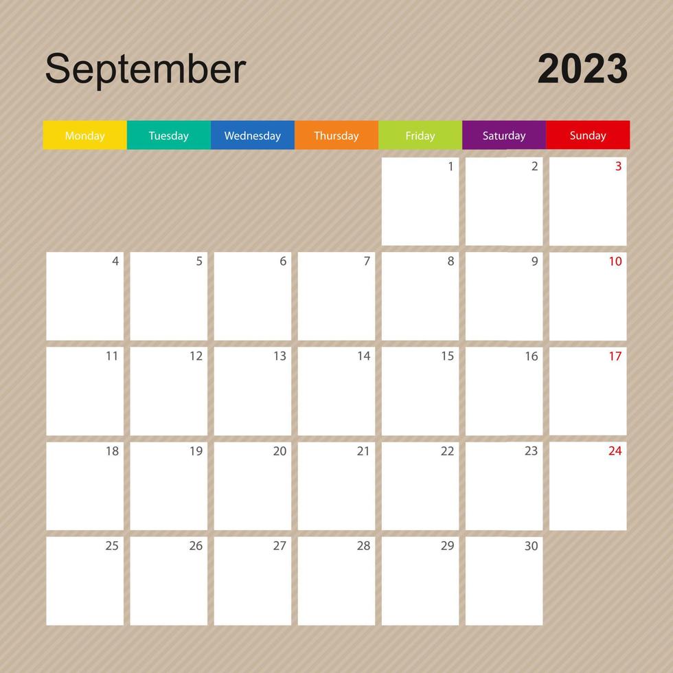 página de calendario para septiembre de 2023, planificador de paredes con diseño colorido. la semana comienza el lunes. vector