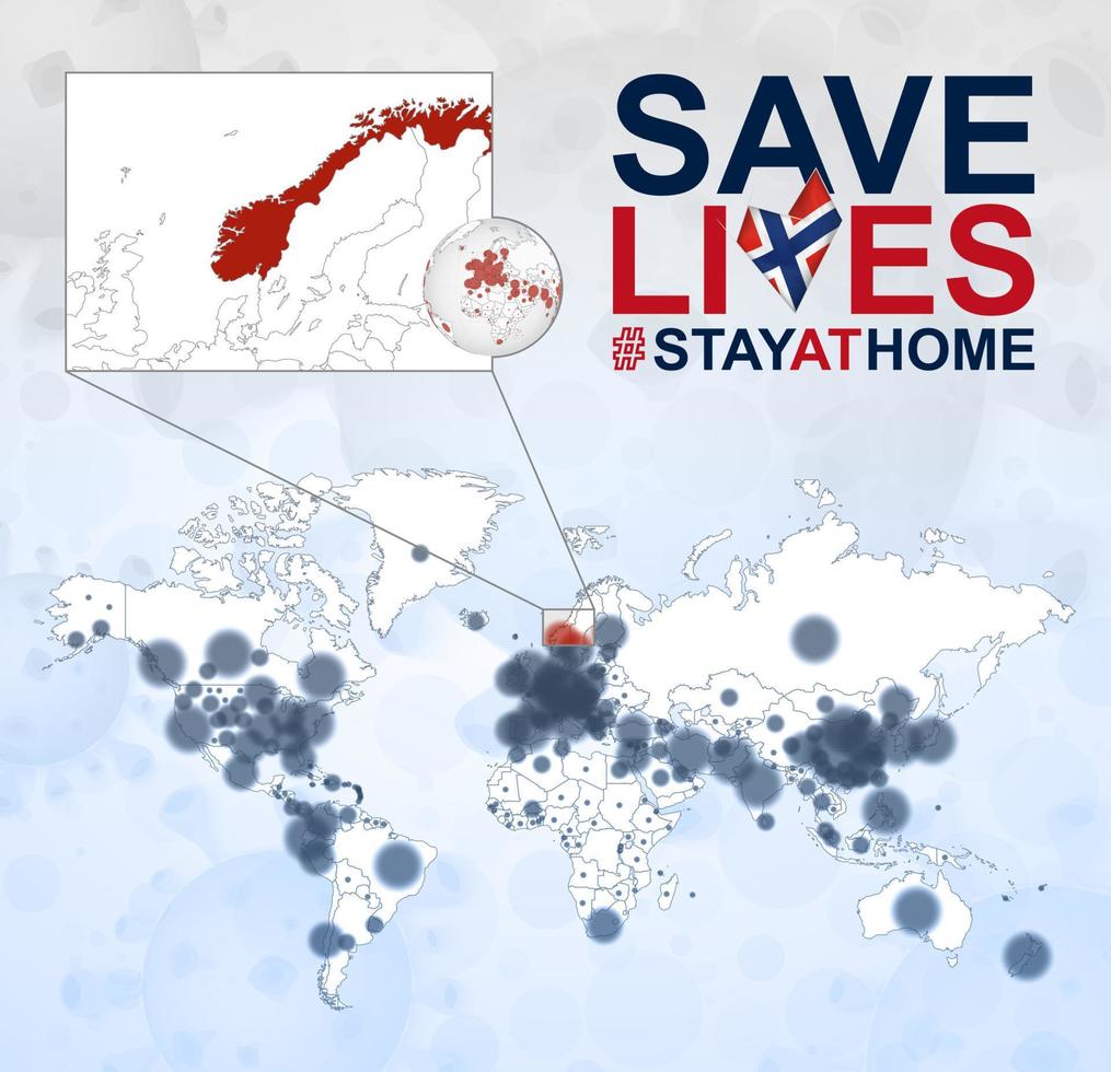 mapa mundial con casos de coronavirus enfocados en noruega, enfermedad covid-19 en noruega. el eslogan salva vidas con la bandera de noruega. vector