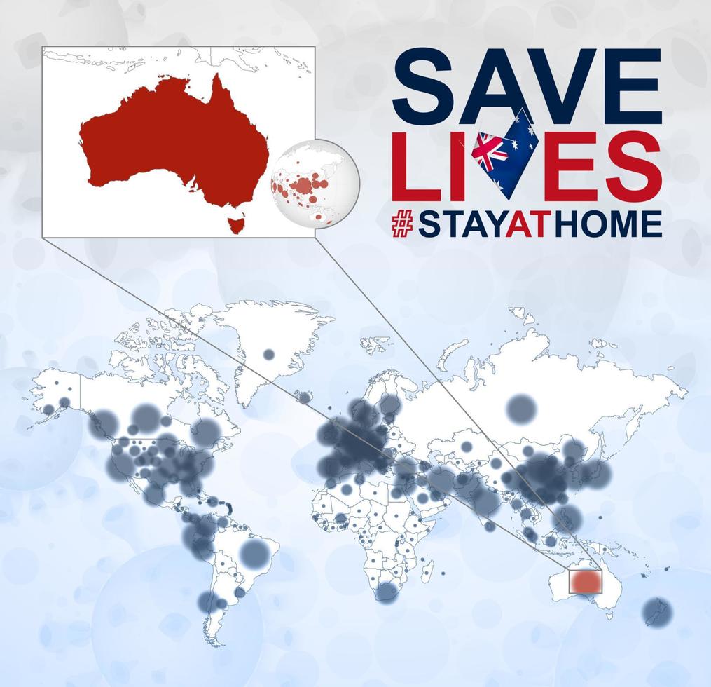 mapa mundial con casos de coronavirus enfocados en australia, enfermedad covid-19 en australia. el eslogan salva vidas con la bandera de australia. vector