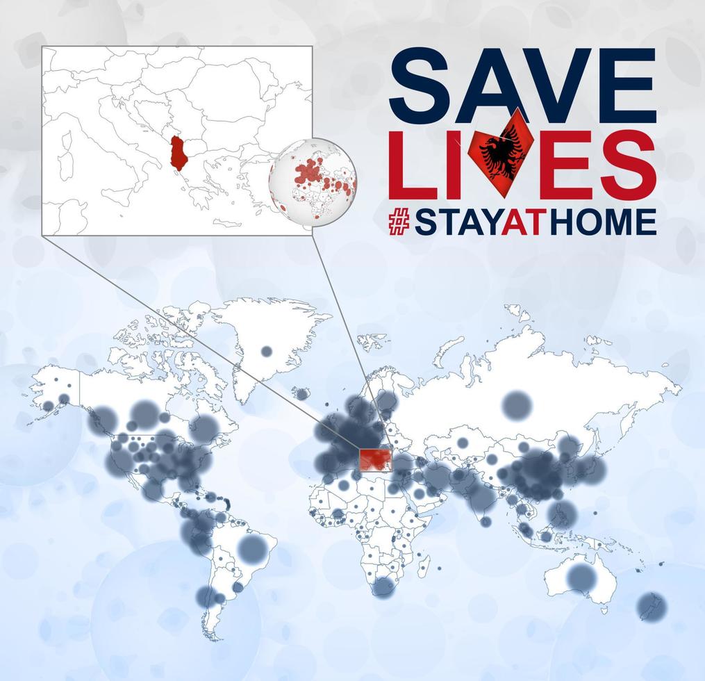 mapa mundial con casos de coronavirus enfocados en albania, enfermedad covid-19 en albania. el eslogan salva vidas con la bandera de albania. vector