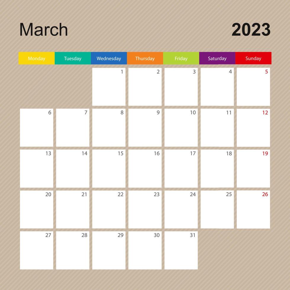 página de calendario para marzo de 2023, planificador de paredes con diseño colorido. la semana comienza el lunes. vector