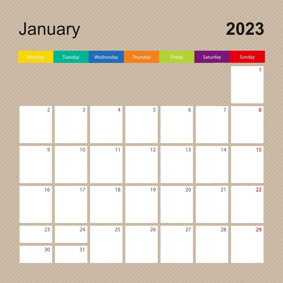 página de calendario para enero de 2023, planificador de paredes con diseño colorido. la semana comienza el lunes. vector