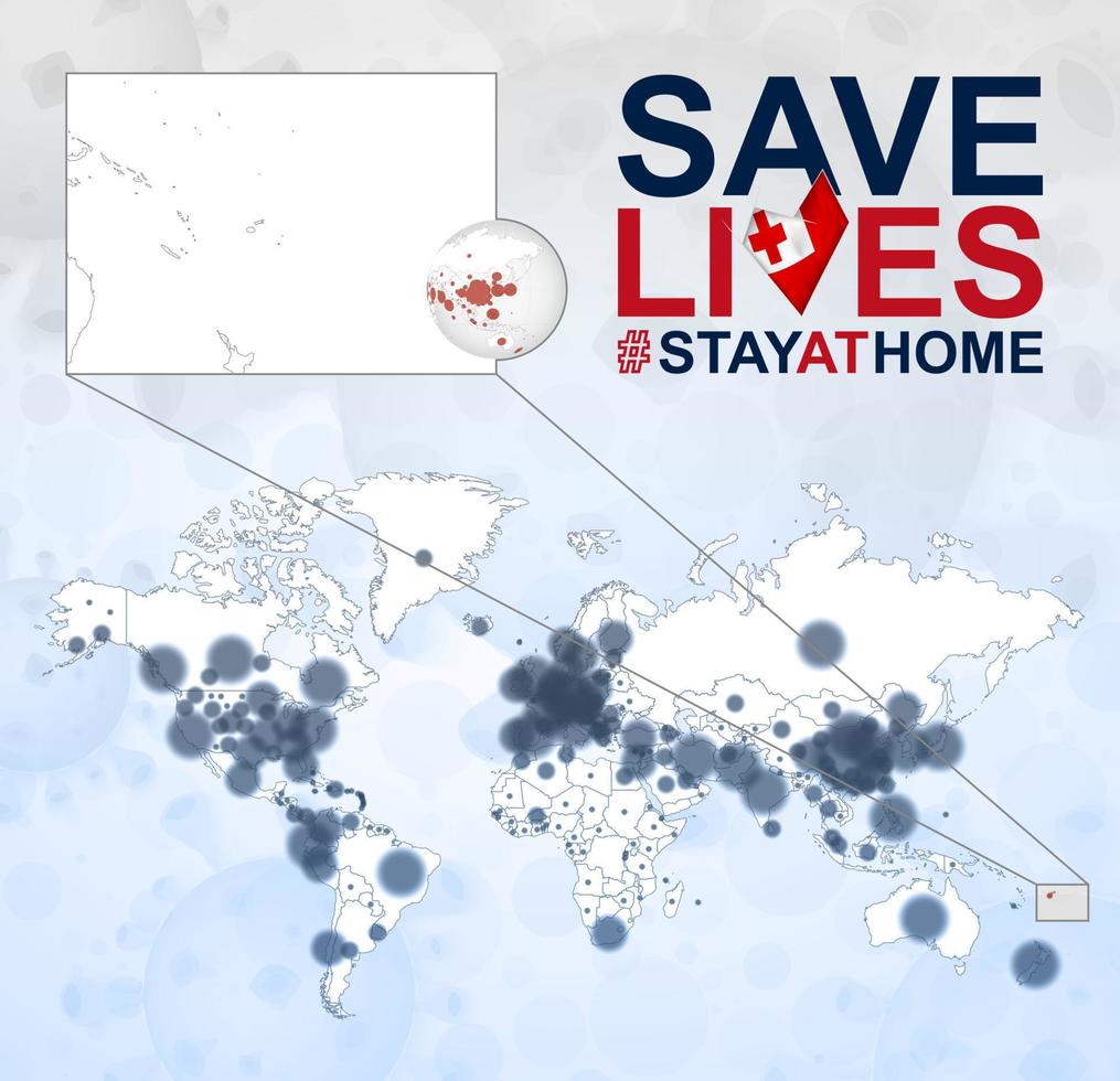 World Map with cases of Coronavirus focus on Tonga, COVID-19 disease in Tonga. Slogan Save Lives with flag of Tonga. vector