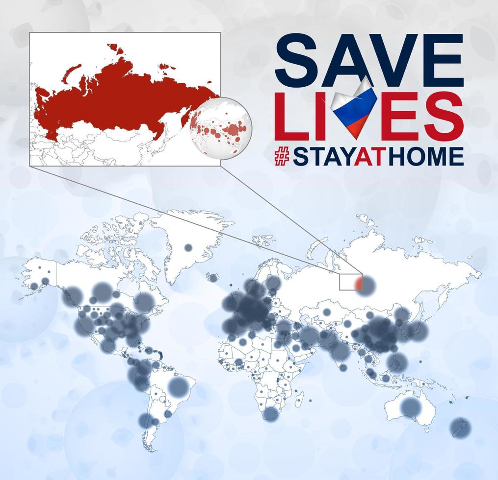 mapa mundial con casos de coronavirus enfocados en rusia, enfermedad covid-19 en rusia. el eslogan salva vidas con la bandera de rusia. vector