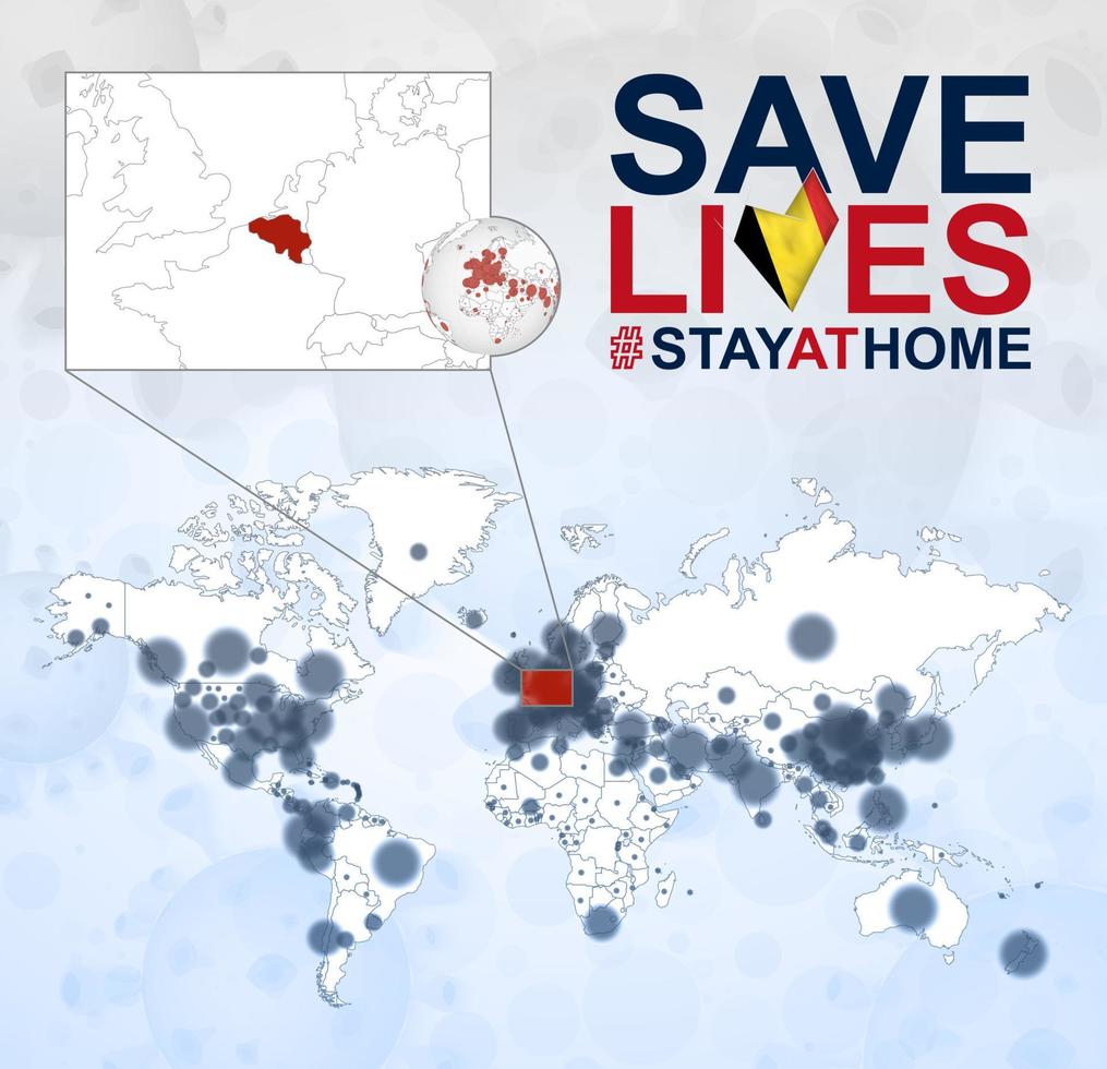 mapa mundial con casos de coronavirus enfocados en bélgica, enfermedad covid-19 en bélgica. eslogan salvar vidas con bandera de bélgica. vector