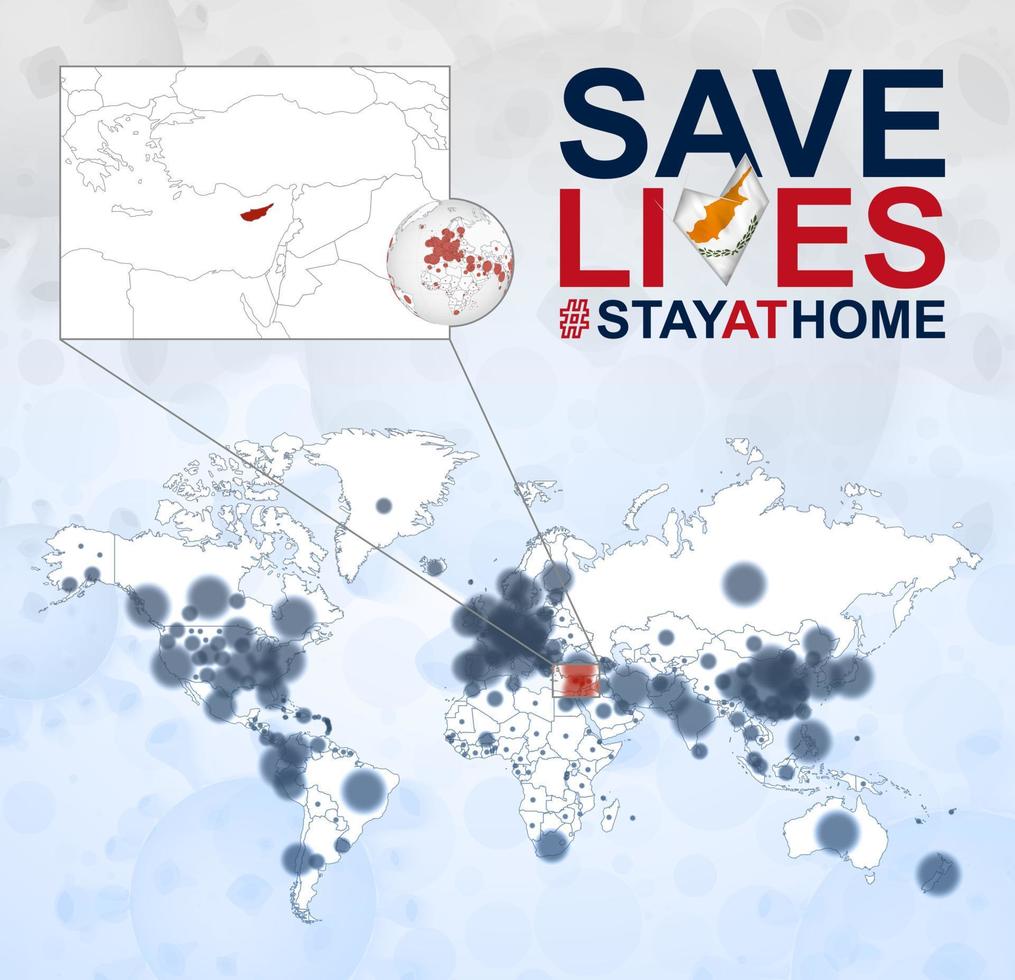 mapa mundial con casos de coronavirus enfocados en chipre, enfermedad covid-19 en chipre. el eslogan salva vidas con la bandera de Chipre. vector
