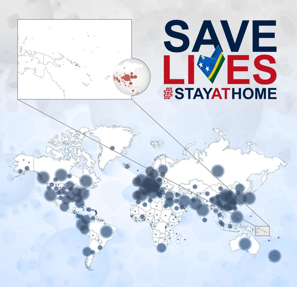 mapa mundial con casos de coronavirus enfocados en las islas salomón, enfermedad covid-19 en las islas salomón. el eslogan salva vidas con la bandera de las islas salomón. vector