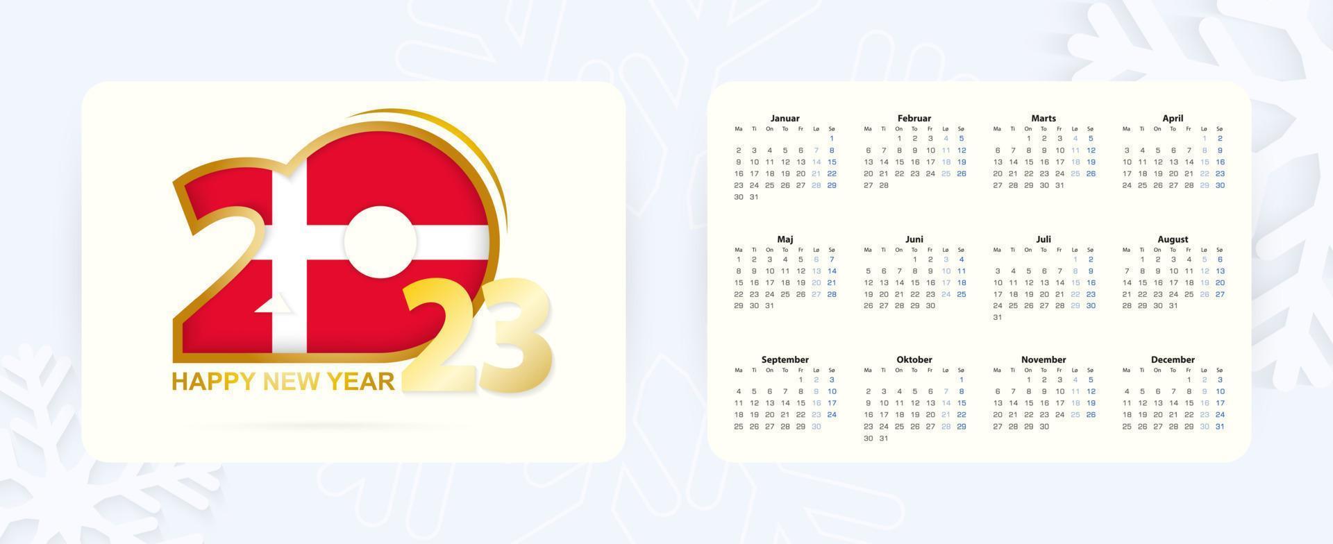 Horizontal Pocket Calendar 2023 in Danish language. New Year 2023 icon with flag of Denmark. vector