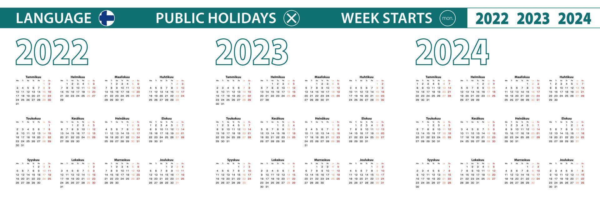 plantilla de calendario simple en finlandés para 2022, 2023, 2024 años. la semana comienza a partir del lunes. vector