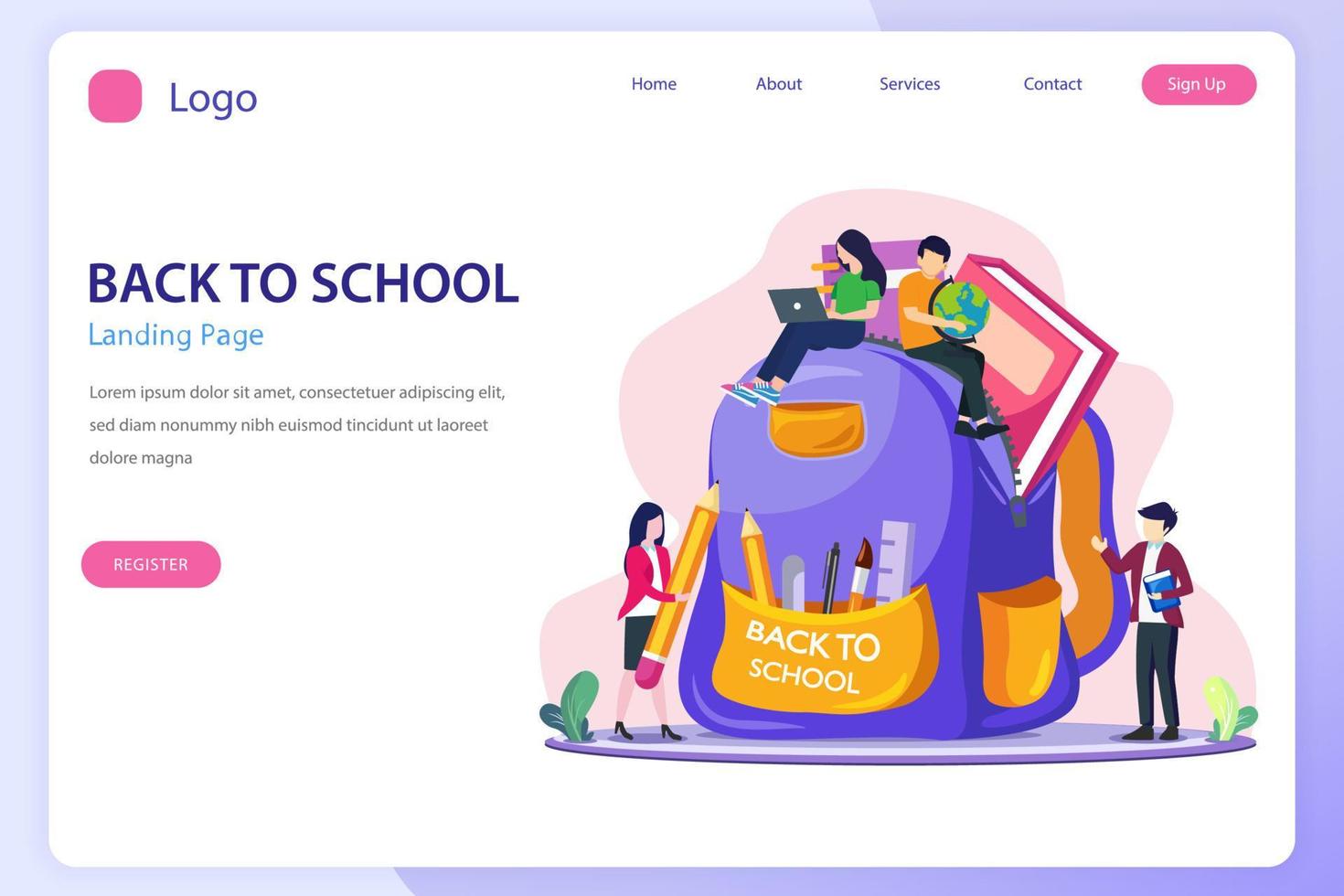 students are preparing to back to school with giant school backpack with supplies. Flat vector template Style Suitable for Web Landing Page.