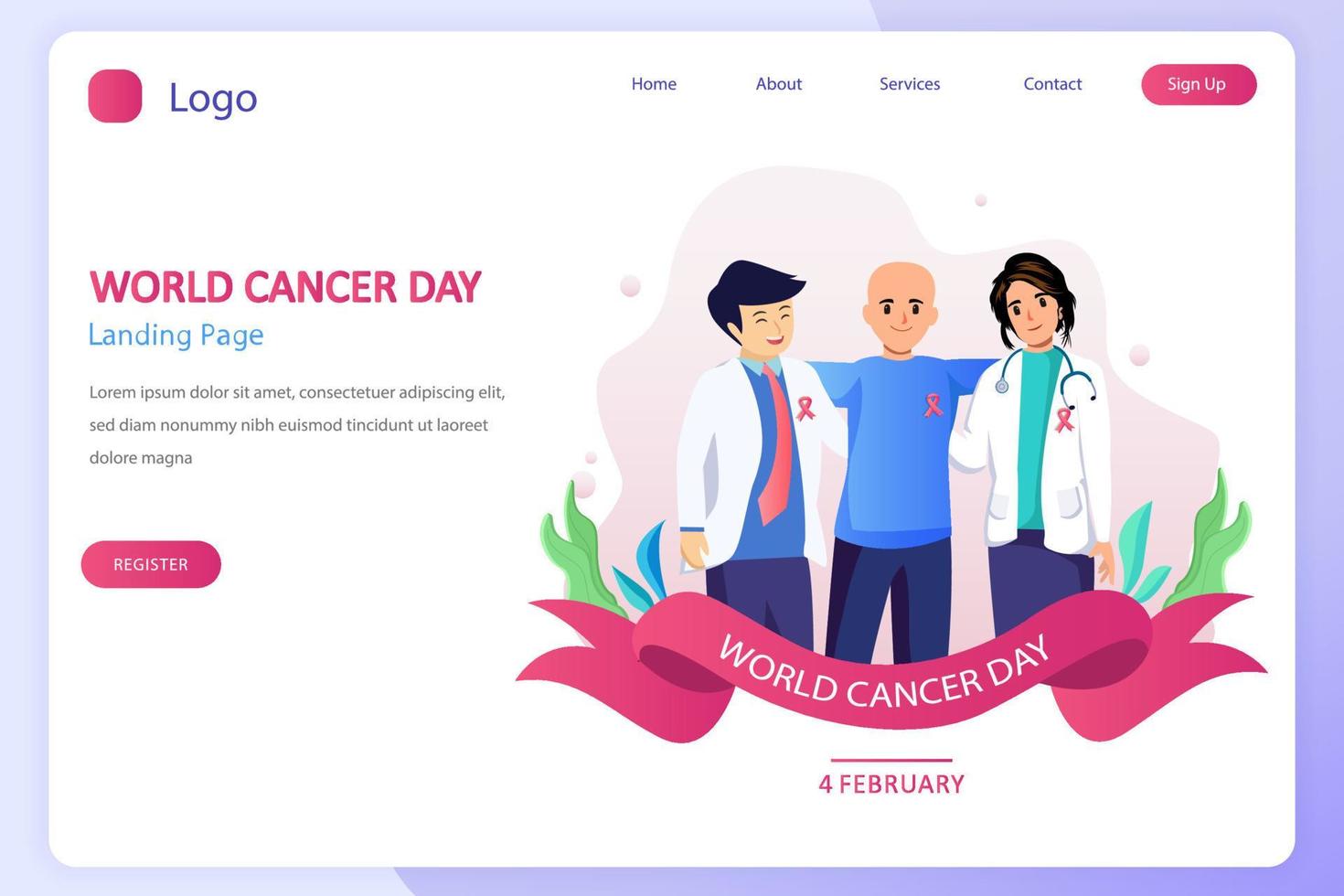 World cancer day concept. Flat Style vector template suitable for Web Landing Page, Background.