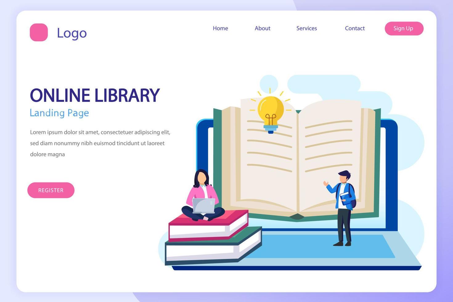 Online library concept, online library for education, online reference concept, book, literature or elearning. Flat vector template