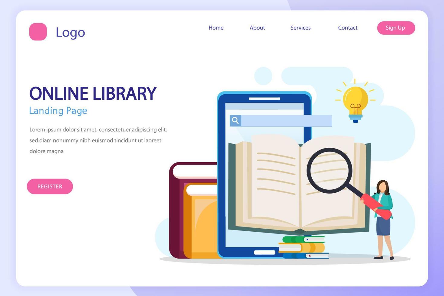 Online library concept, online library for education, online reference concept, book, literature or elearning. Flat vector template