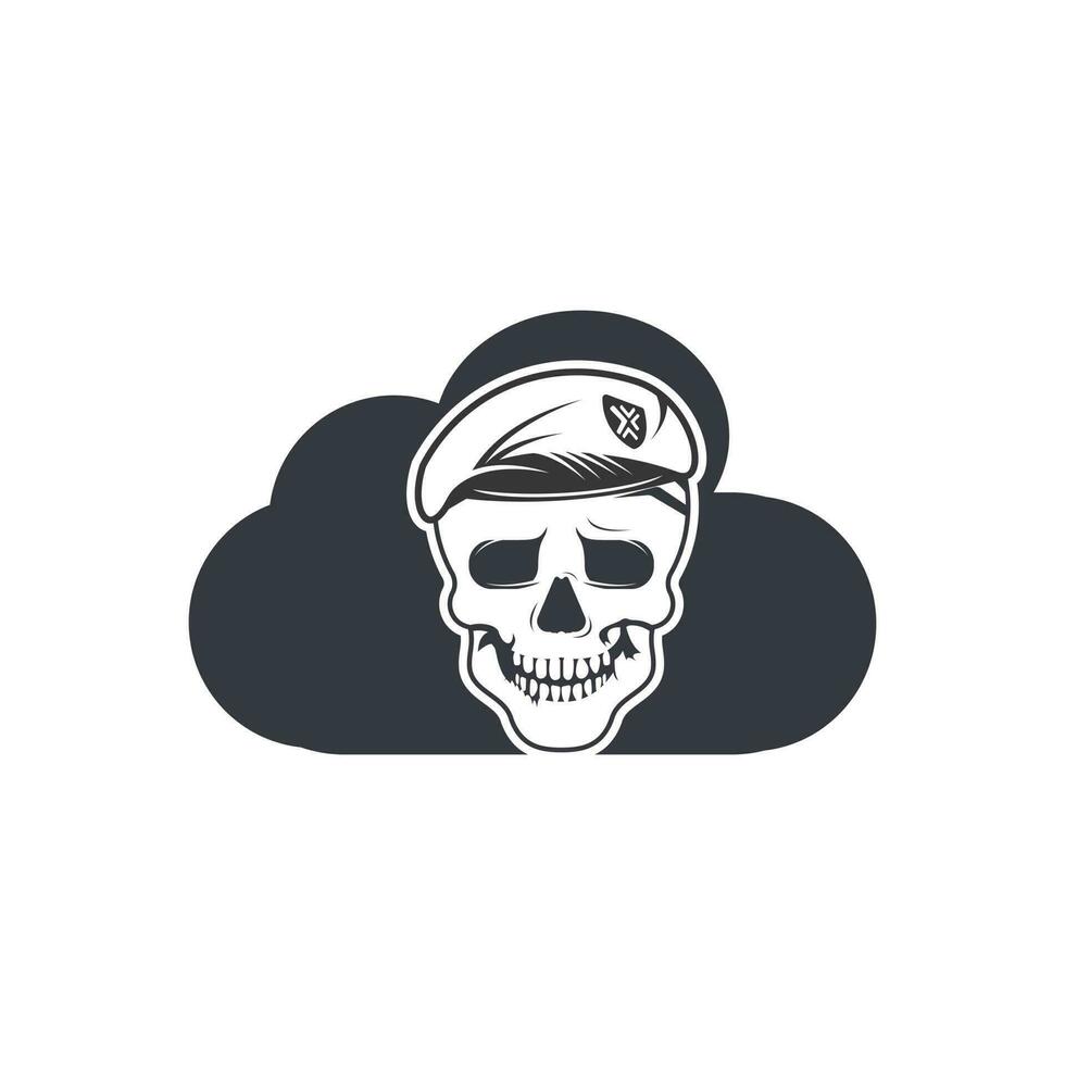 Skull in soldier helmet with cloud shape vector logo design.