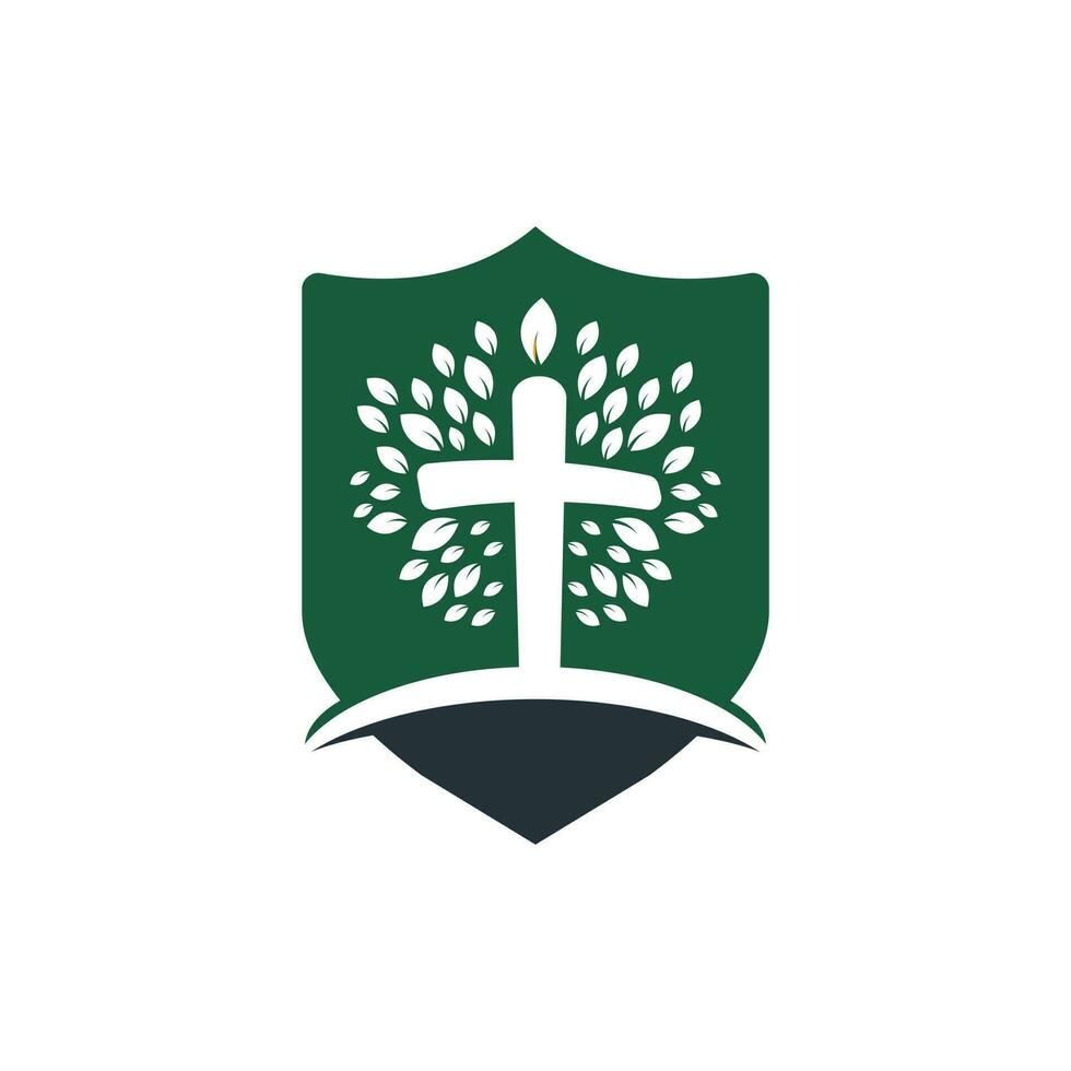 diseño del vector del icono del símbolo de la cruz religiosa del árbol. plantilla de diseño de logotipo de vector de árbol de oración.