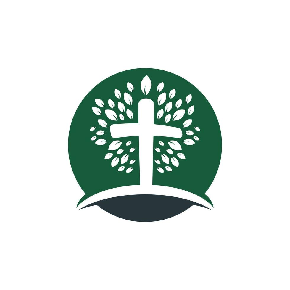 diseño del vector del icono del símbolo de la cruz religiosa del árbol. plantilla de diseño de logotipo de vector de árbol de oración.