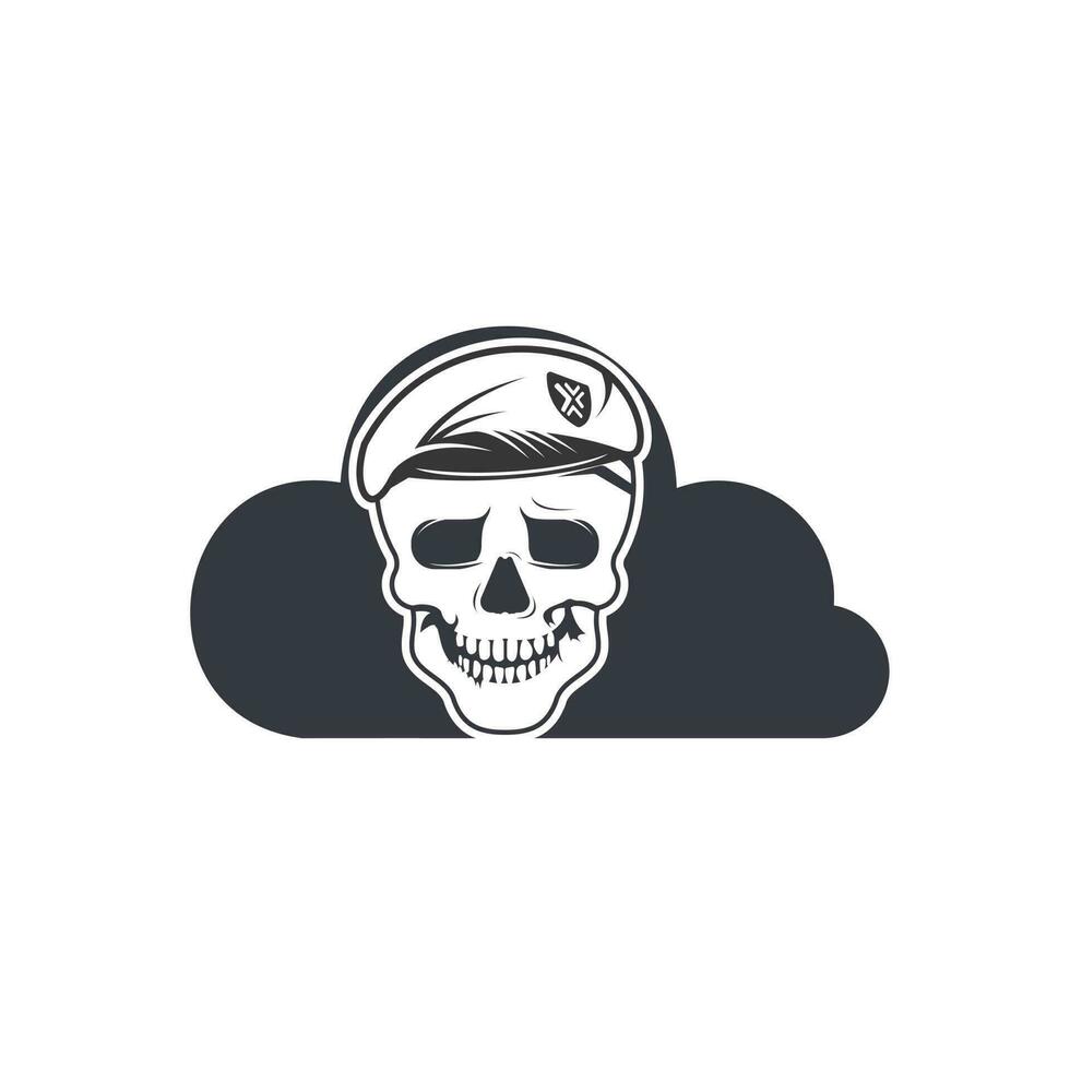 Skull in soldier helmet with cloud shape vector logo design.