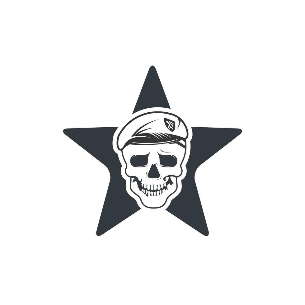 Skull in soldier helmet with star shape vector logo design.