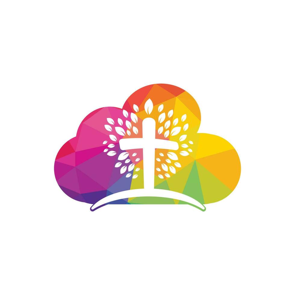 nube abstracta y diseño de vector de icono de símbolo de cruz religiosa de árbol. logotipo de la iglesia y la organización cristiana.