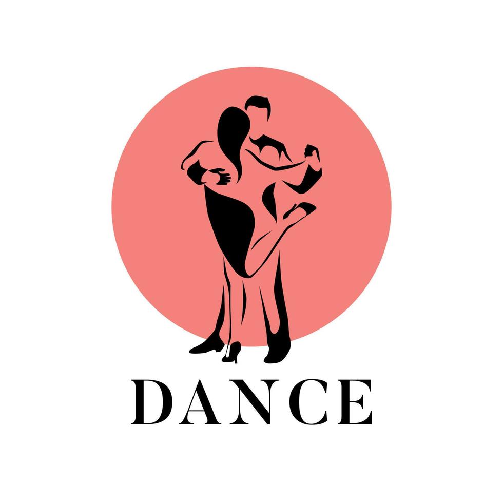 Dancing couple man and woman vector illustration, logo, icon for dansing school, party. White, Pink and black.