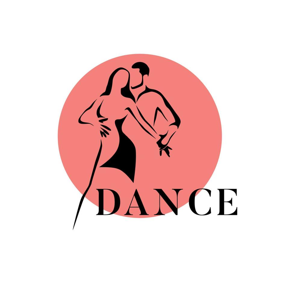 Dancing couple man and woman vector illustration, logo, icon for dansing school, party. White, Pink and black.