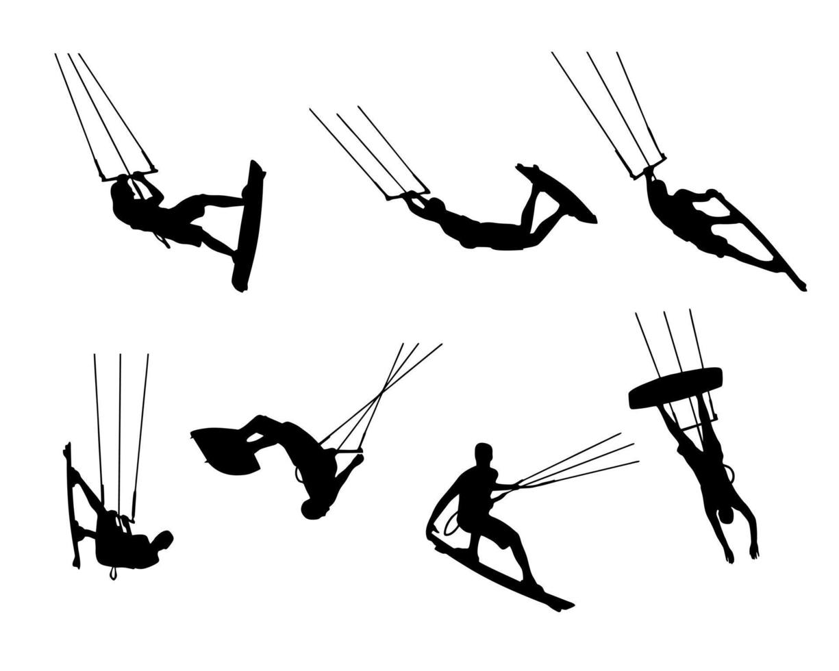 vector siluetas de kitesurf trucos de deportes acuáticos. en blanco y negro