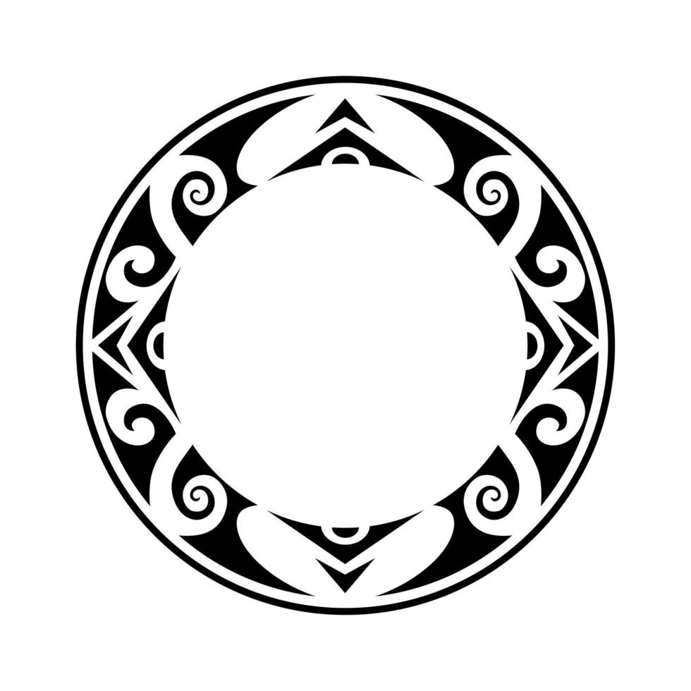 Round Maori geometrical round border frame design. Black and white vector