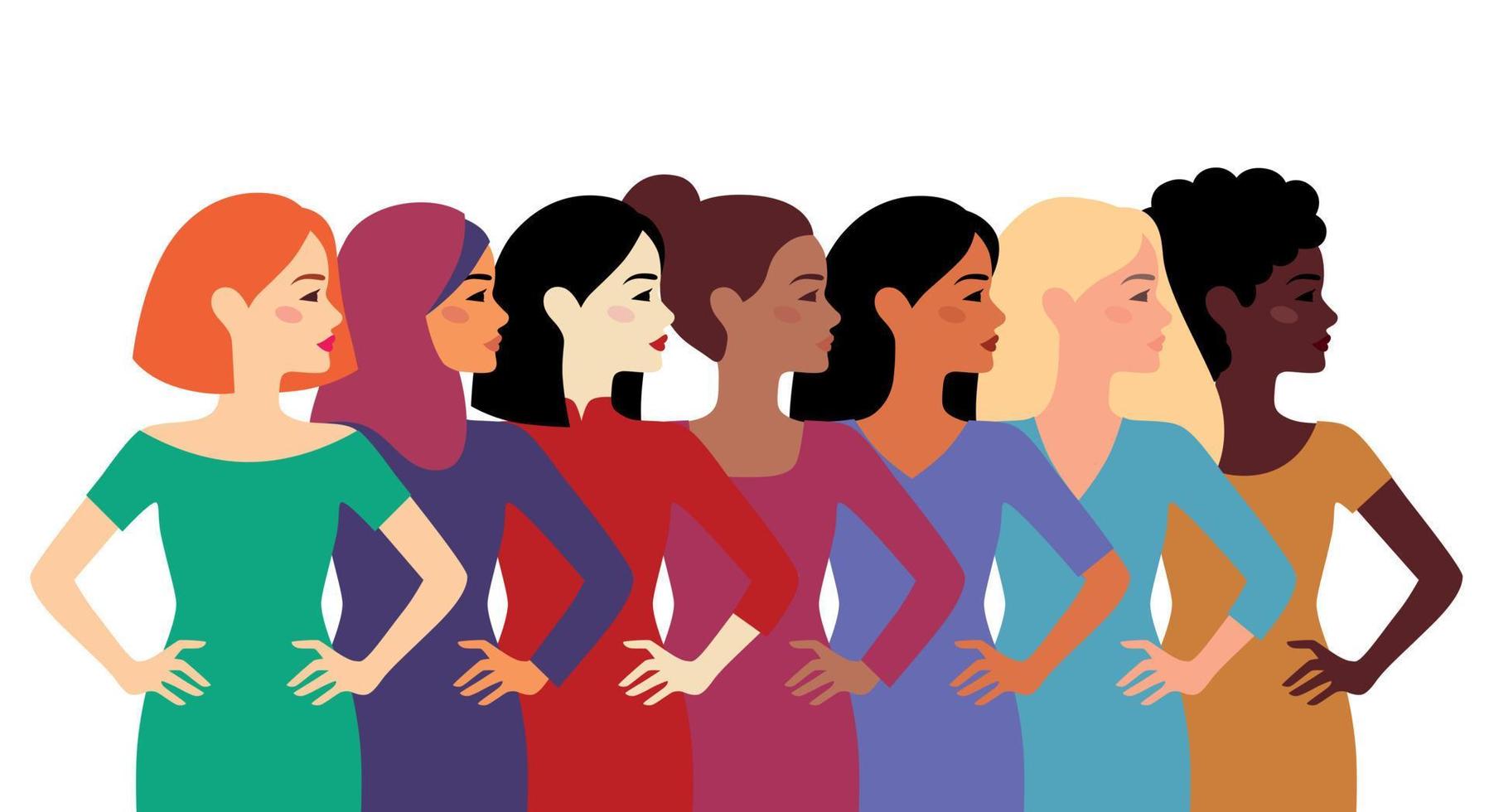 Multiethnic women group. Different ethnicity, beauty, hair and skin color. The concept of woman, femininity, diversity, independence and equality. International Women's Day. Vector illustration.