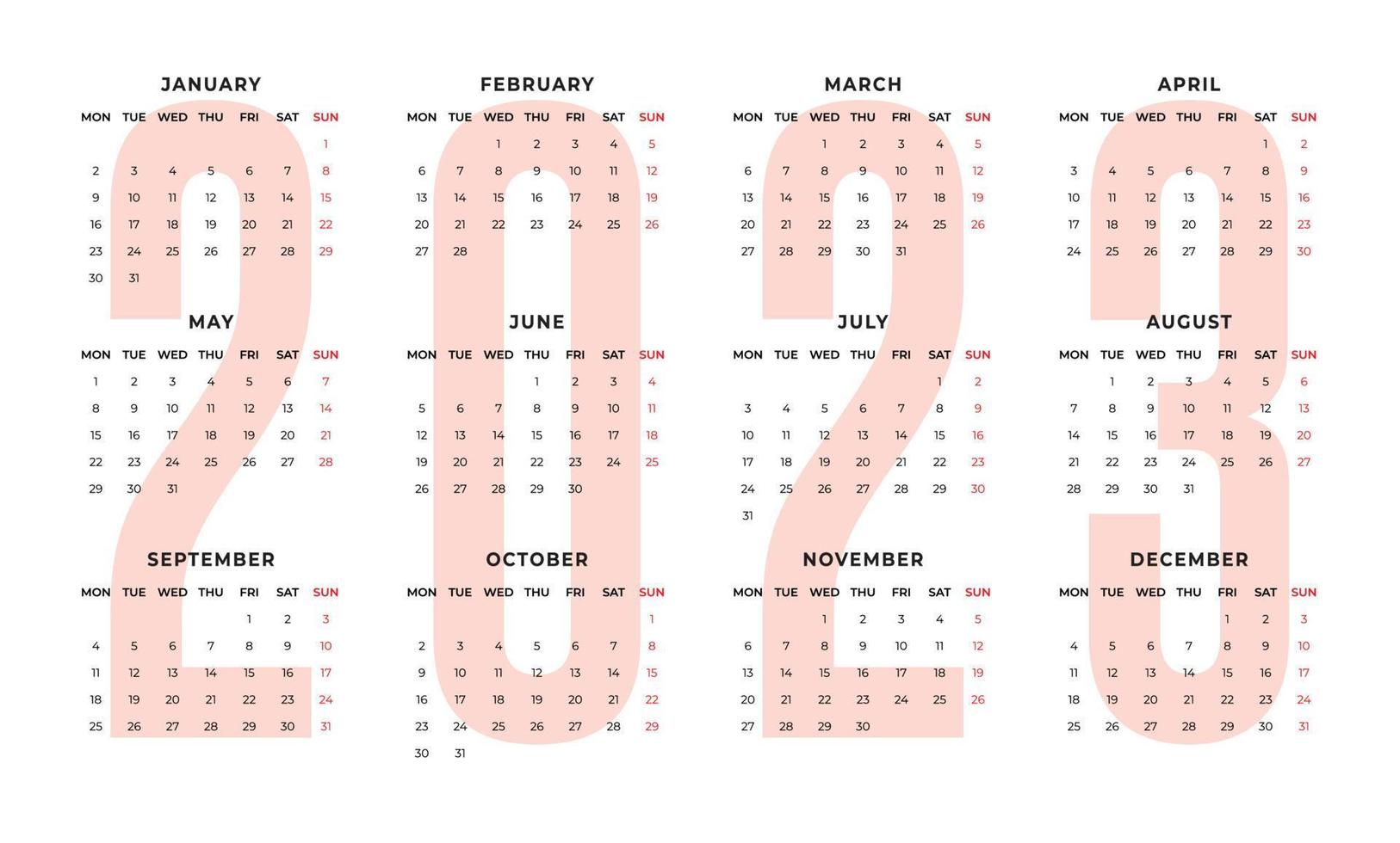 plantilla de calendario de escritorio mensual para el año 2023. la semana comienza el lunes vector