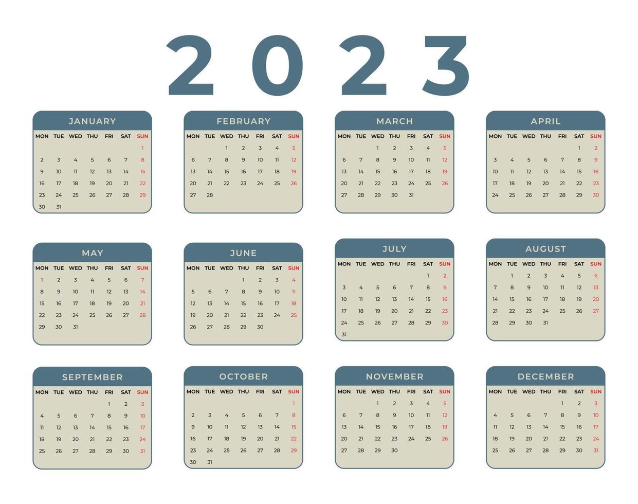 plantilla de calendario de escritorio mensual para el año 2023. la semana comienza el lunes vector