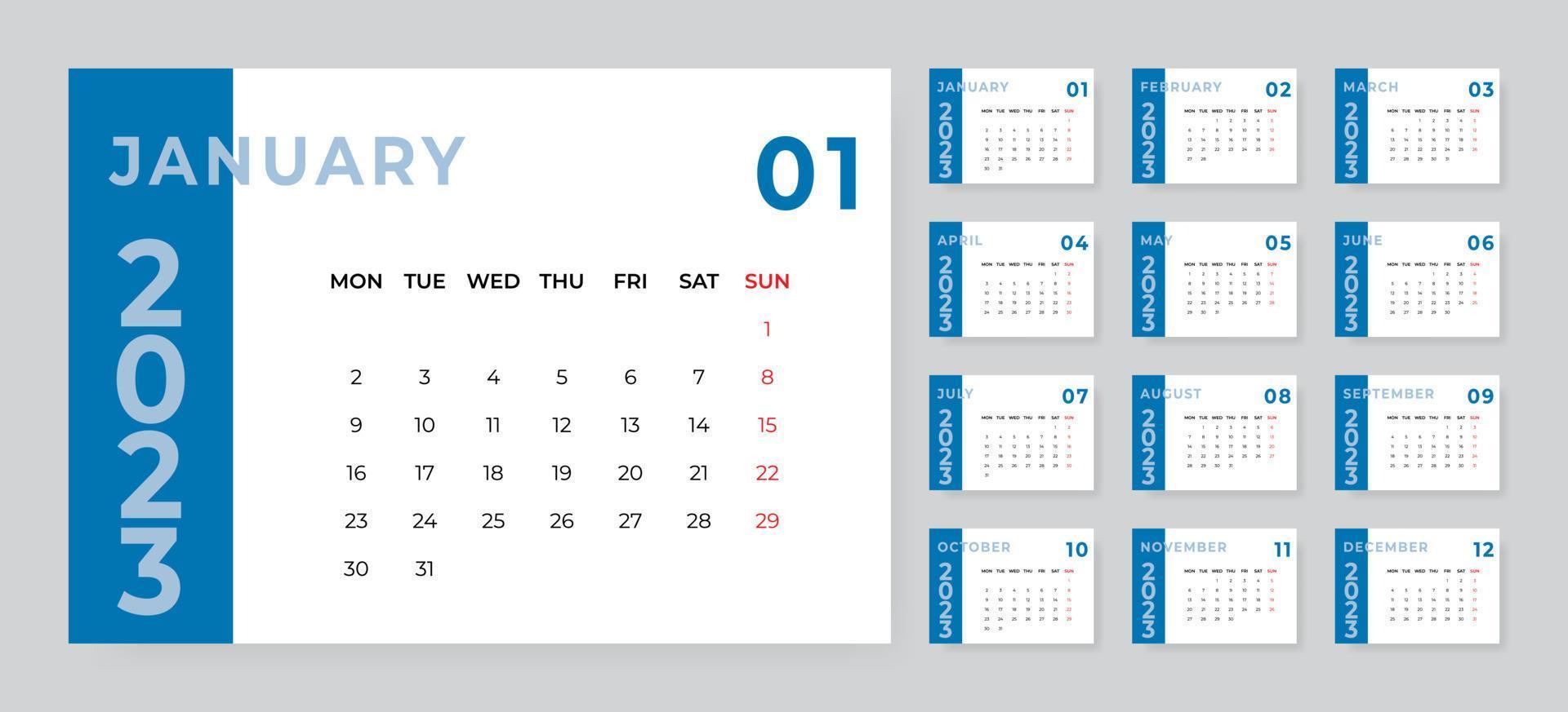 plantilla de calendario de escritorio mensual para el año 2023. la semana comienza el lunes vector