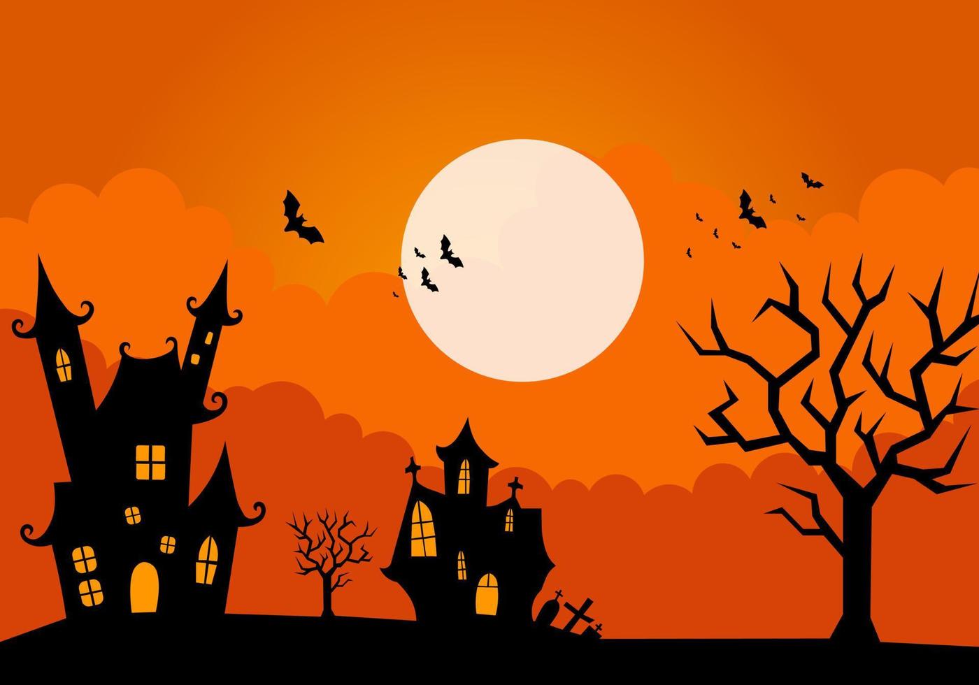 Halloween Background with 1 Castle and 1 old house, Bats flying, Witch witch house. Orange Halloween Background vector