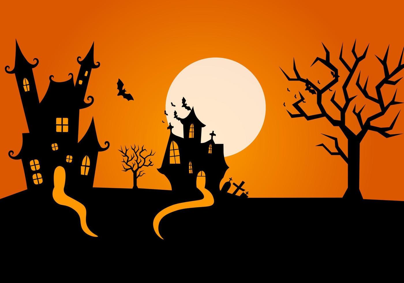 Halloween Background with 1 Castle and 1 old house, Bats flying, Witch witch house. Orange Halloween Background vector